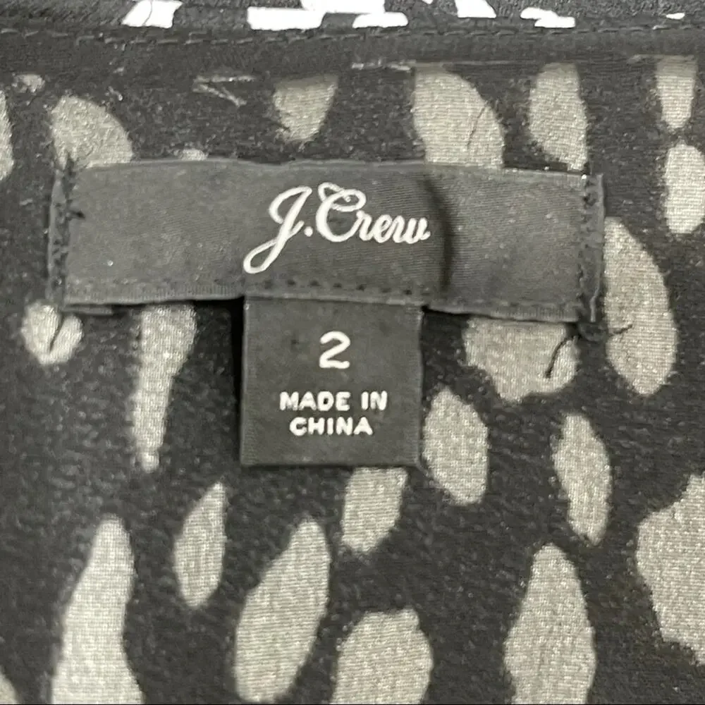 J. Crew Peplum Waist Satin Crepe Blouse Top Black White Print Size 2